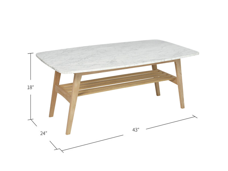 Laura 43" Rectangular Italian Carrara White Marble Coffee Table with Shelf