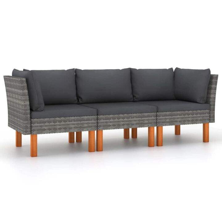 vidaXL 3-Seater Garden Sofa with Cushions Gray Poly Rattan