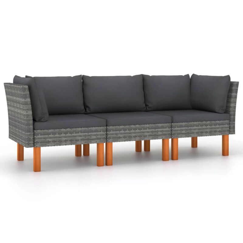 vidaXL 3-Seater Garden Sofa with Cushions Gray Poly Rattan