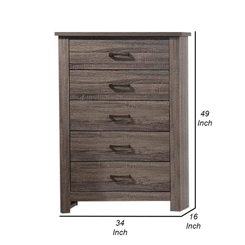 Soma 49 Inch Rustic 5 Drawer Tall Dresser Chest, Bar Handles, Oak Gray-Benzara