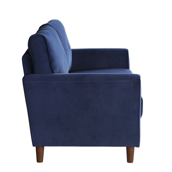 Sarah 57 Inch Loveseat, Blue Velvet, Stitch Tufting, Reversible Cushions - Benzara