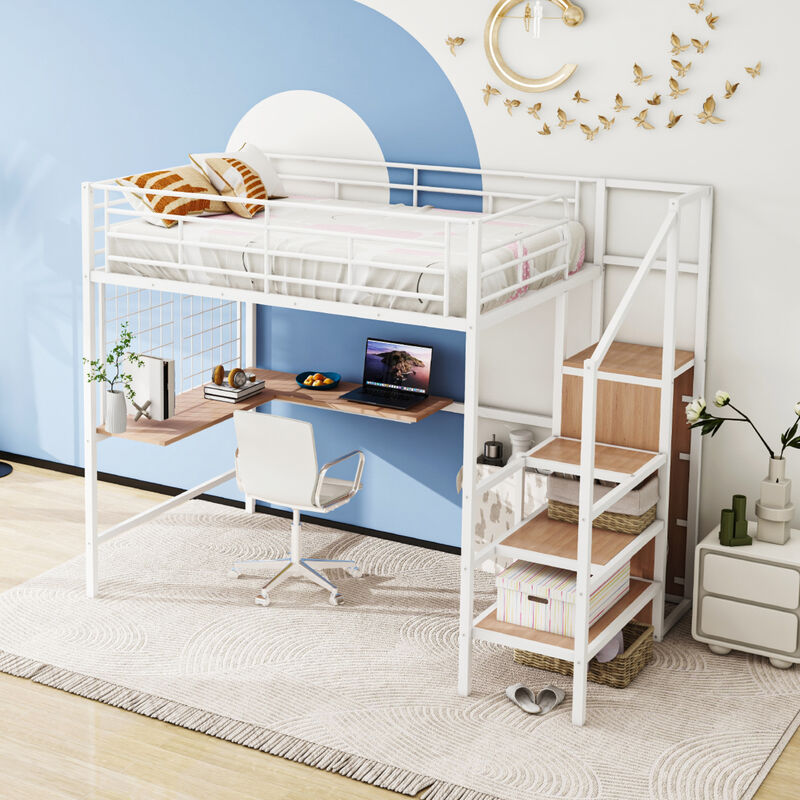 Merax  Metal Loft Bed with Desk and Wardrobe