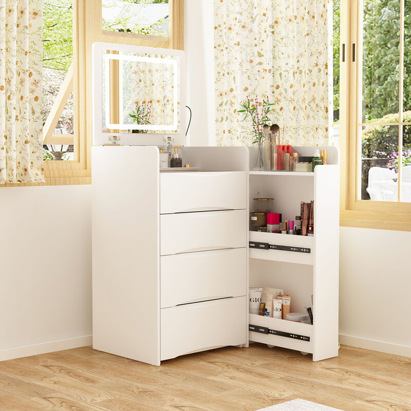 FUFU&GAGA Makeup Vanity with LED Lighted Mirror, Storage Drawers, Shelves, and Cushioned Stool (24.1" W x 15.7" D x 47.2" H), White