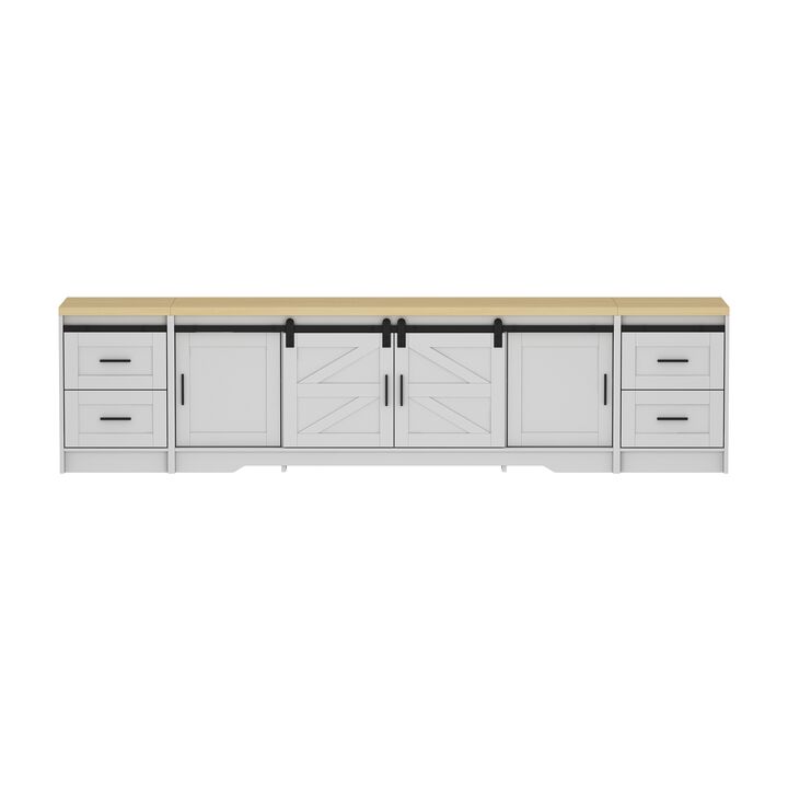 FUFU&GAGA Barn Door Style TV Cabinet with 4 Drawers and 2 Cabinets (94.5" W x 15.7" D x 23.6" H),White & Natural Wood