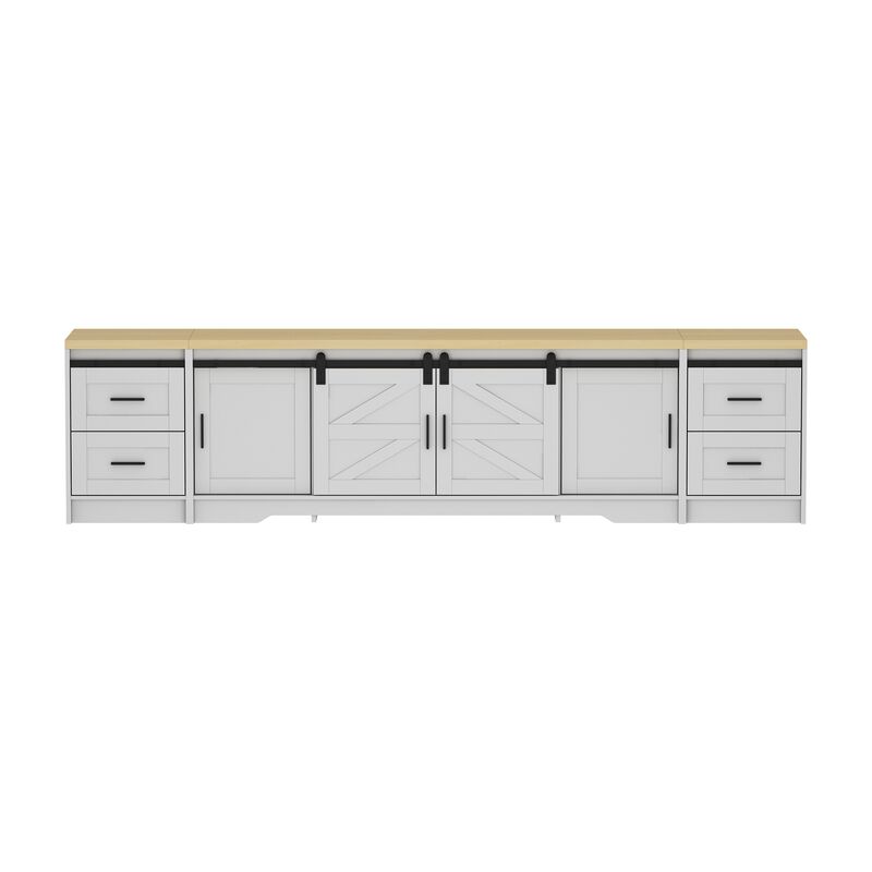 FUFU&GAGA Barn Door Style TV Cabinet with 4 Drawers and 2 Cabinets (94.5" W x 15.7" D x 23.6" H),White & Natural Wood