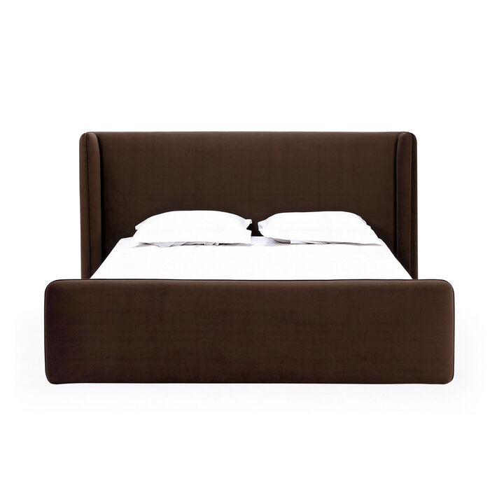 Baca Queen Platform Bed, Velvet Upholstery, Wingback Headboard, Brown - Benzara