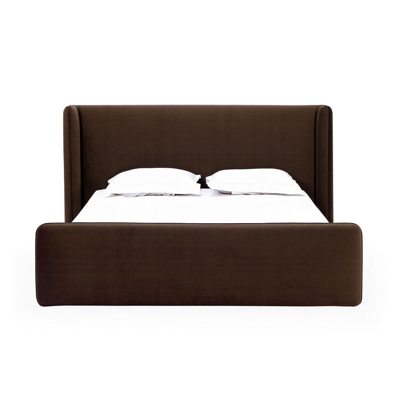 Baca Queen Platform Bed, Velvet Upholstery, Wingback Headboard, Brown - Benzara
