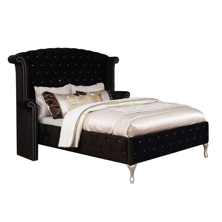 Queen Size bed with Fabric Upholstery, Black - Benzara