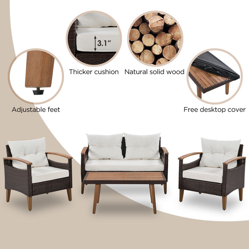 Merax 4-Piece Garden Furniture, Patio Seating Set, PE Rattan Outdoor Sofa Set