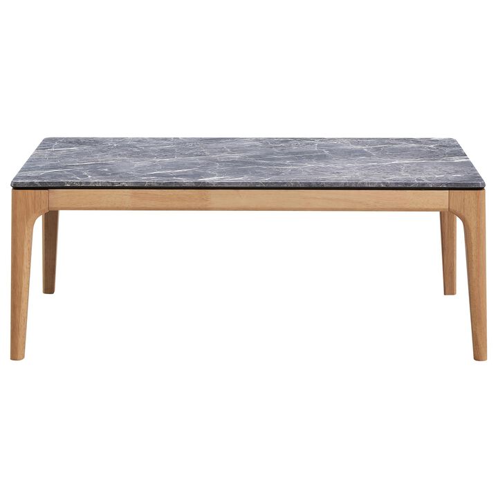 Aris Coffee Table, 47 Inch Gray Faux Marble, Rectangular Brown Wood - Benzara