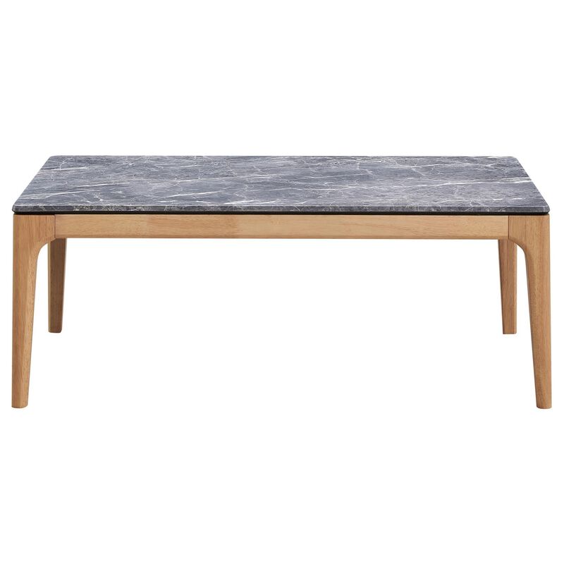 Aris Coffee Table, 47 Inch Gray Faux Marble, Rectangular Brown Wood - Benzara