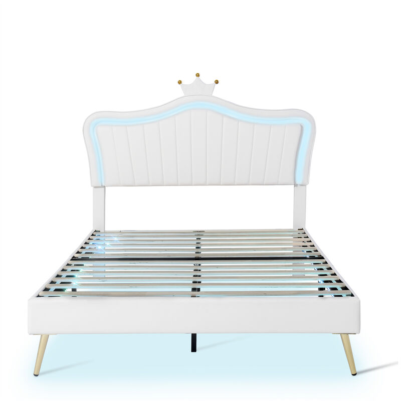 LED Upholstered Queen Bed with Crown Headboard
