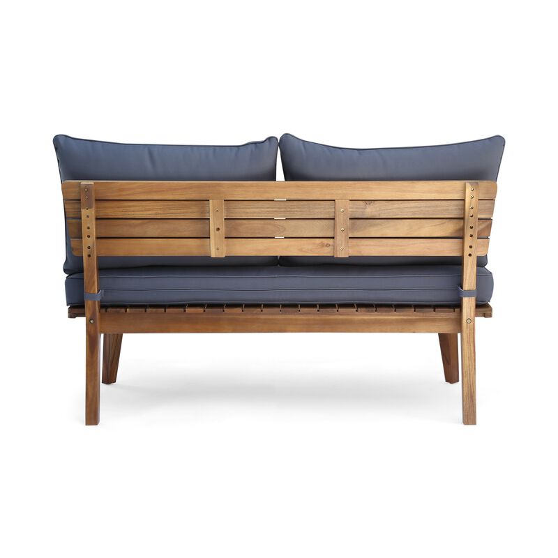 Almo Outdoor Loveseat Bench, Gray Fabric, 49 Inch Brown Acacia Wood - Benzara