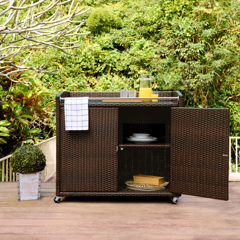 Teamson Home - PE Rattan Bar Serving Cart Cabinet with Safe Locking Caster Wheels, Brown