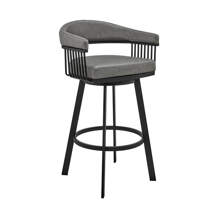 Swivel Barstool with Open Design Metal Frame and Slatted Arms, Gray and Black-Benzara
