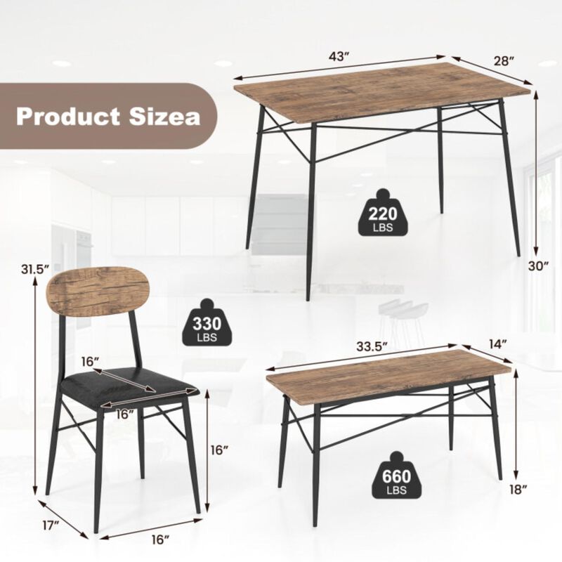 Hivvago 4 Piece Dining Table Set with Bench and 2 Chairs-Brown