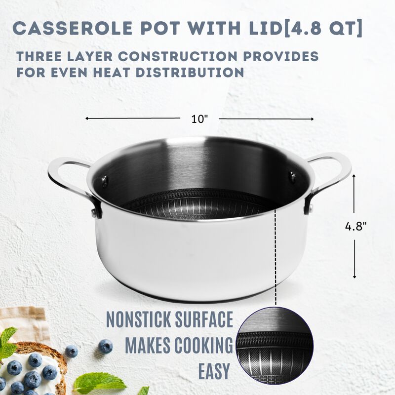 Tri-ply Stainless Steel Diamond Nonstick 4.8 QT Dutch Oven with Glass Lid