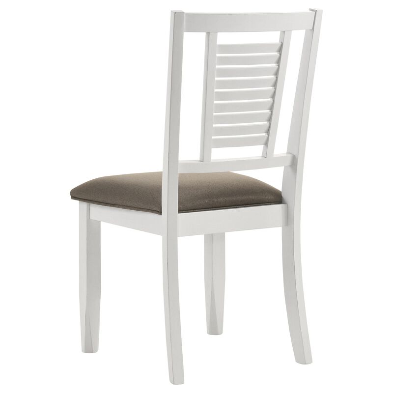 Tonie Dining Chair Set of 2, Dark Brown Fabric, Distressed White Wood - Benzara