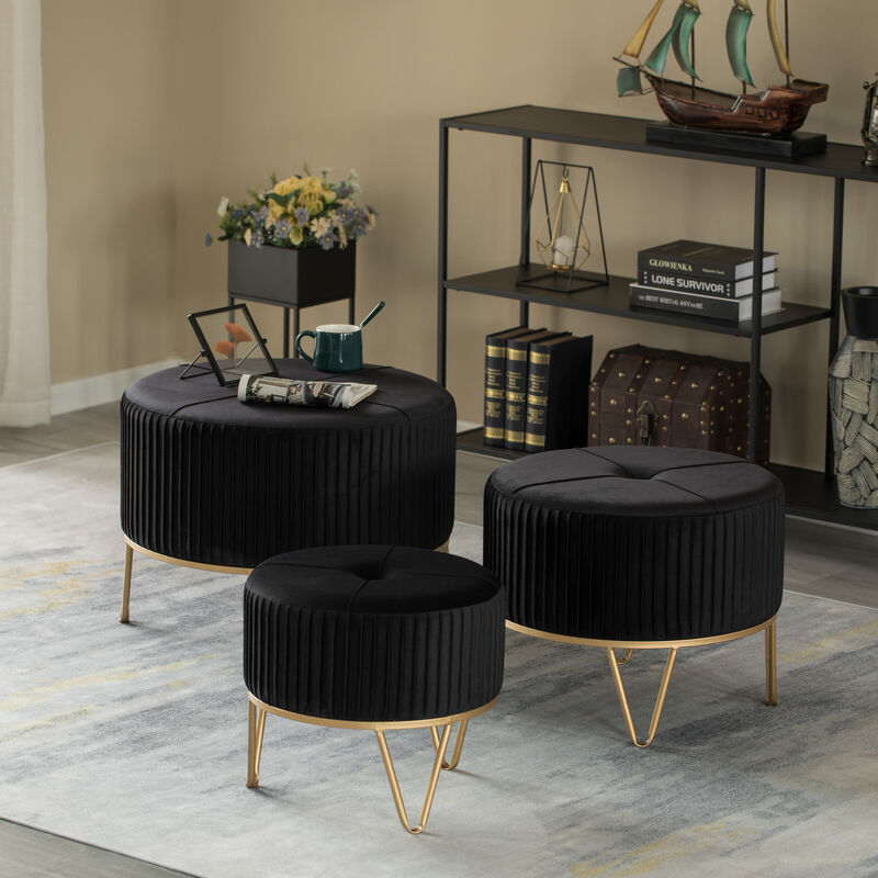 Round Velvet Ottoman Stool Raised with Hairpin Gold Base, Black, Large