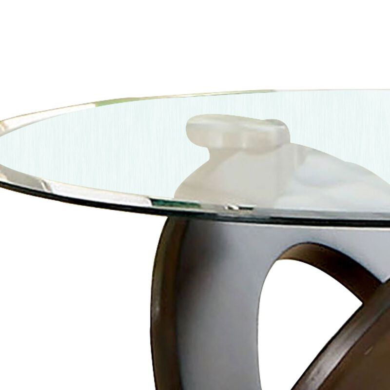 Cross Oval Base End Table with Round Glass Top, Brown and Clear-Benzara