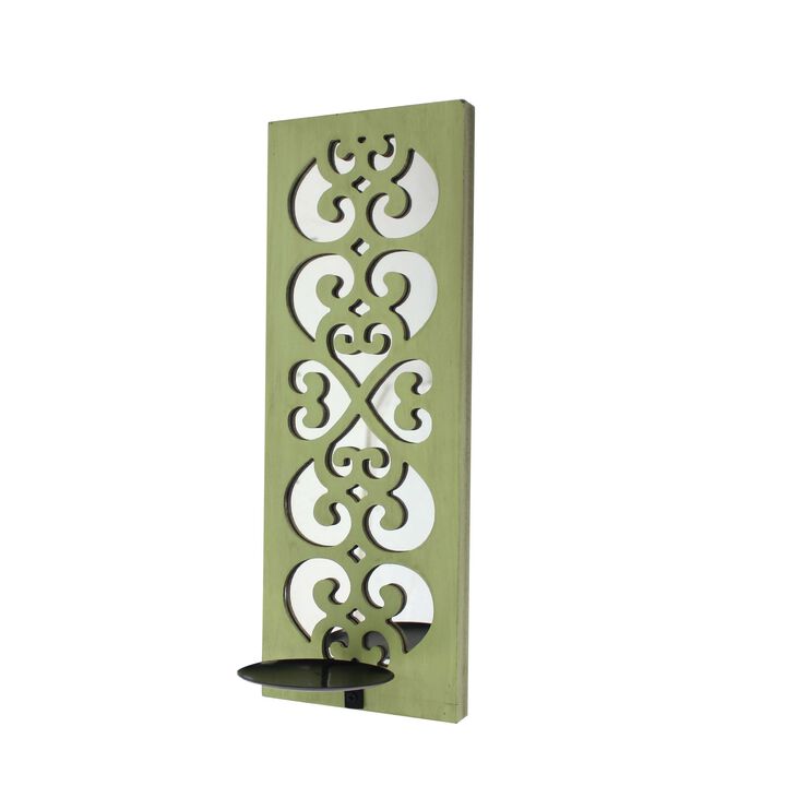 Quatrefoil Pattern Wooden Candle holder with Mirror Insert, Green - Benzara