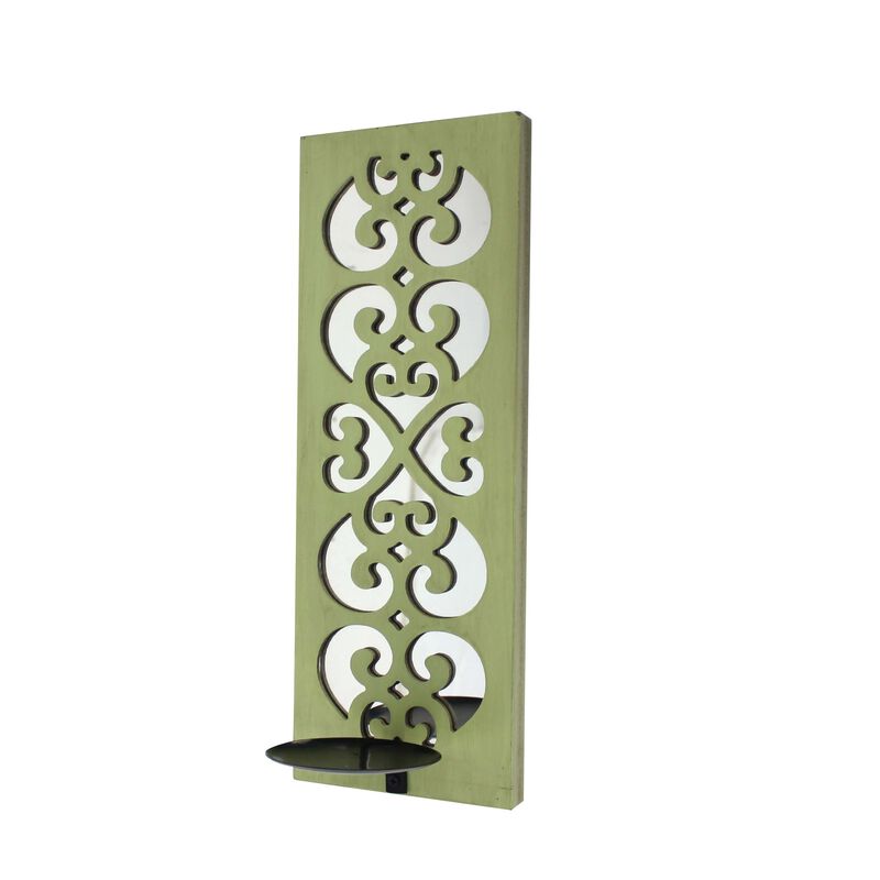 Quatrefoil Pattern Wooden Candle holder with Mirror Insert, Green - Benzara