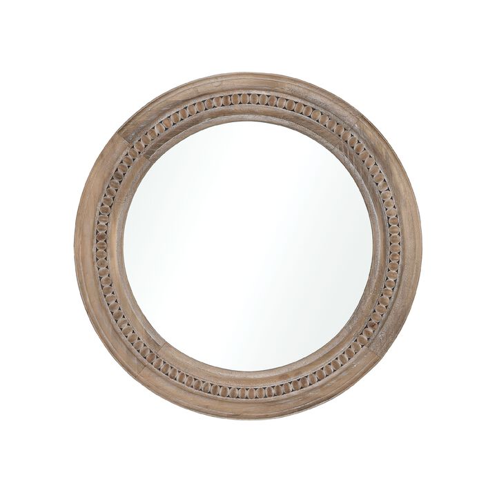 20" Brown Carved Beaded Wood Round Wall Mirror