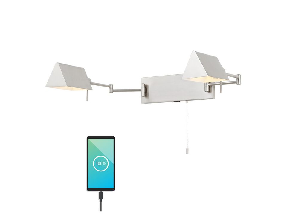 Arlo 54" 2-Light Farmhouse Industrial Double Swing Arm Iron LED Wall Sconce with Pull-Chain USB Charging Port