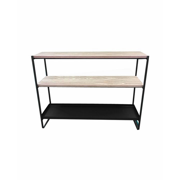 Evon 40 Inch Shelving Unit, Natural Brown Wood Top, 3 Shelves, Black Metal - Benzara