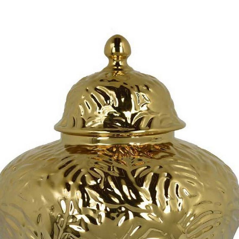 Aniea 18 Inch Accent Temple Jar, Geometric Design, Dome Lid, Gold Ceramic - Benzara