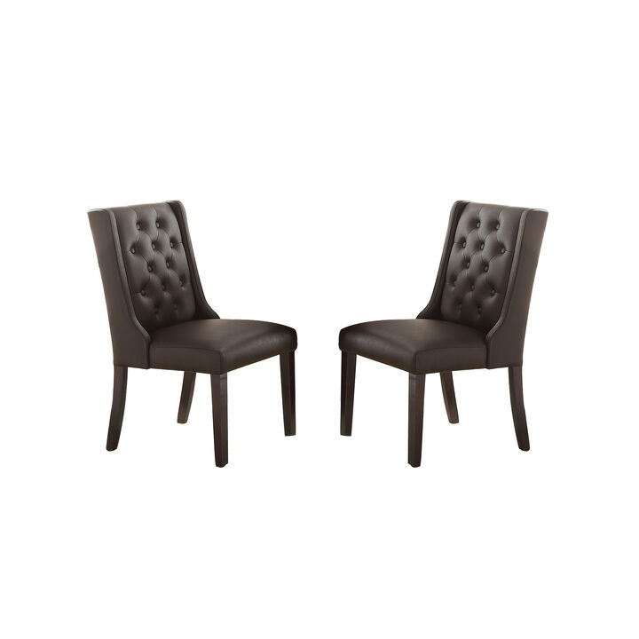 Espresso Faux Leather Dining Chairs With Button Tufted Back, Set Of 2