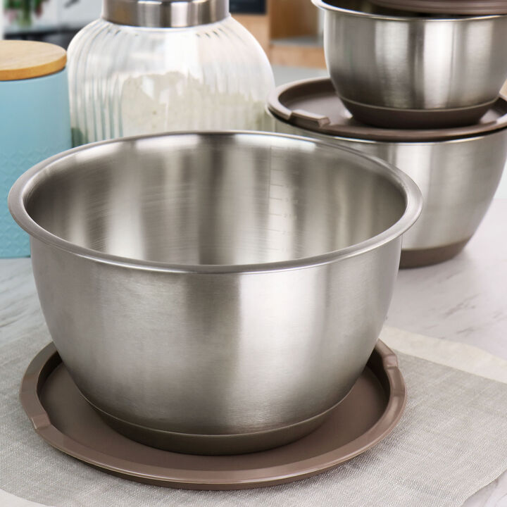 Martha Stewart 3 Piece Stainless Steel Mixing Bowl Set with Lids in Taupe