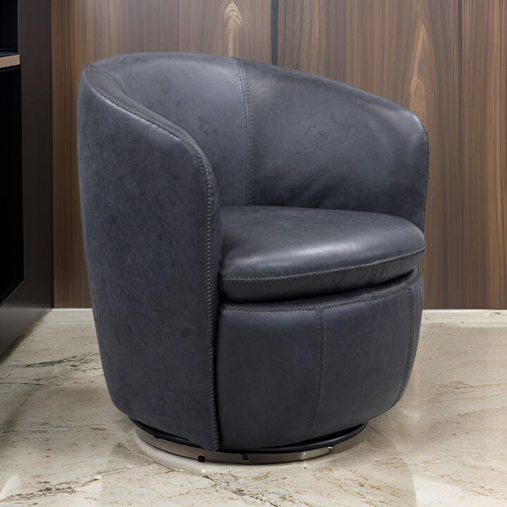 Niko Swivel Accent Chair, Round Barrel Design, Dark Blue Top Grain Leather -