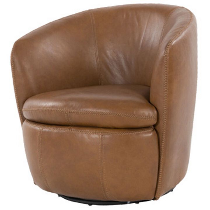 Niko Swivel Accent Chair, Round Barrel Design, Brown Top Grain Leather -