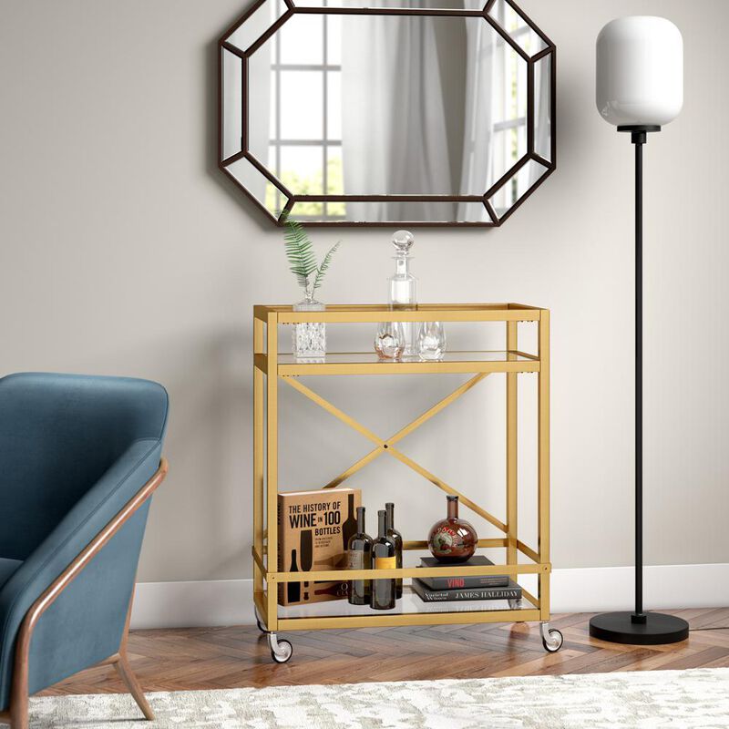 Hudson&Canal Wilson 30'' Wide Rectangular Bar Cart in Brass