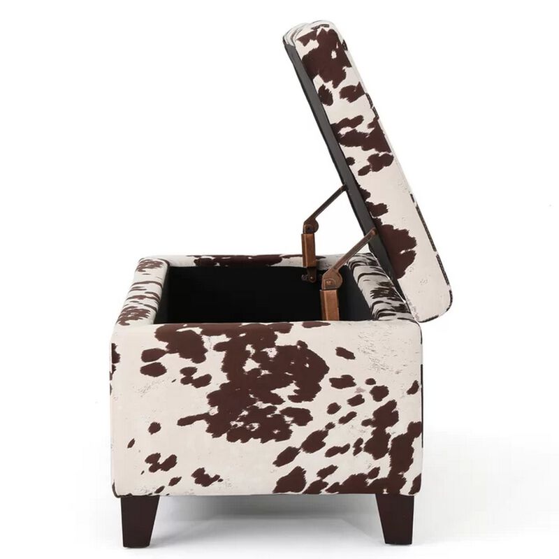 Devi 38 Inch Ottoman w Storage, Brown White Holstein Cow Print Velvet - Benzara