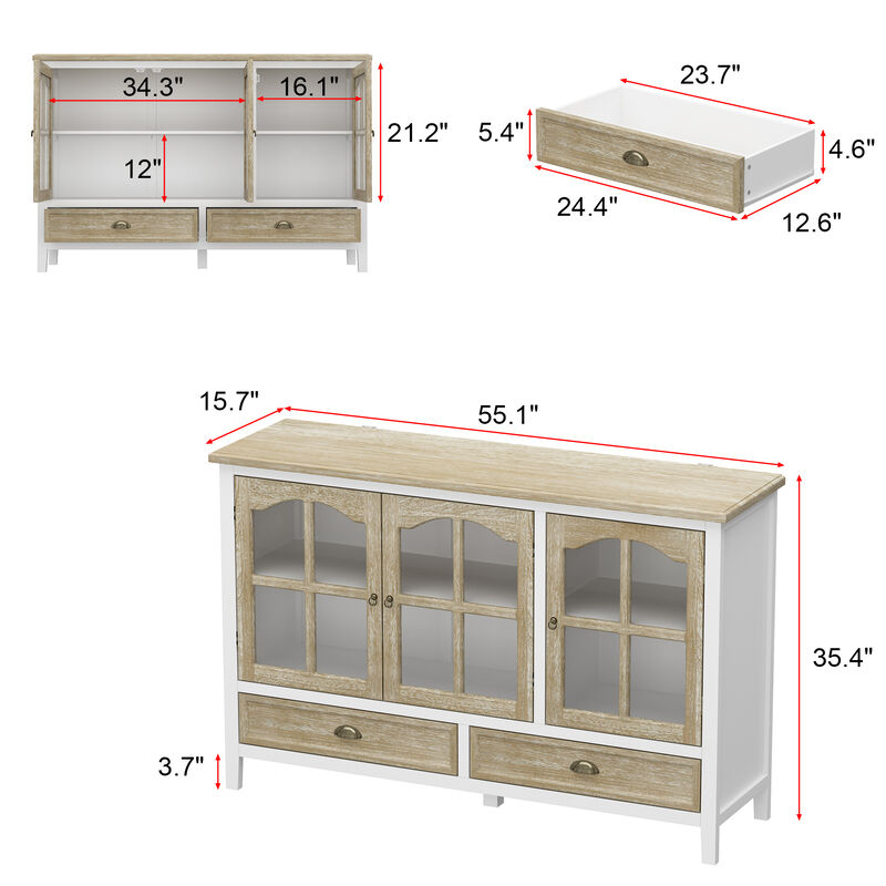 FUFU&GAGA Modern White 3-Door 2-Drawer Sideboard – Elegant & Spacious Dining Room Buffet Cabinet with Metal Handles (55.1" W x 35.4" H x 15.7" D), Brown