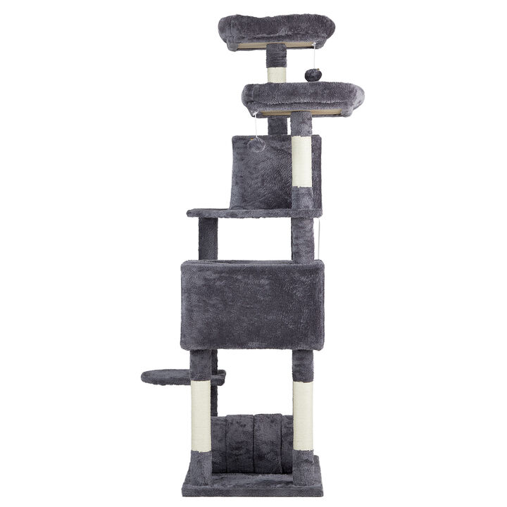 Cat Tower for Indoor Cats with Padded Beds, Cozy Condos, Scratching Posts, Toy Balls, and Play Tunnel