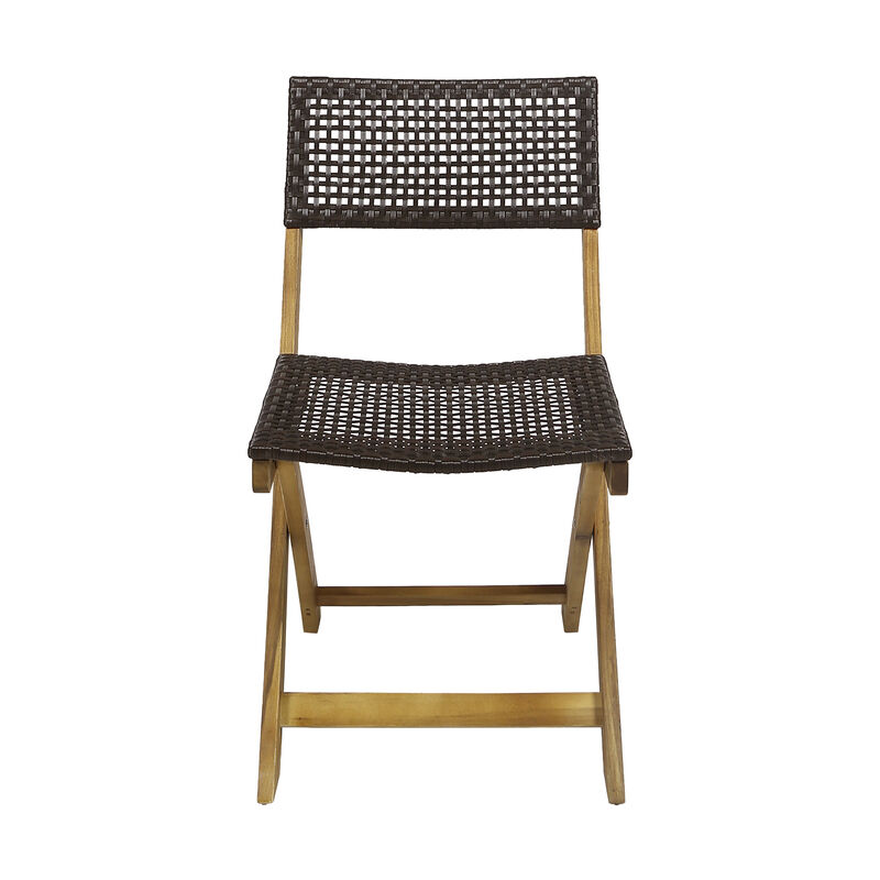 Bistro Side Chair, Foldable, Outdoor Gray Wicker Cane, Brown Acacia Wood - Benzara