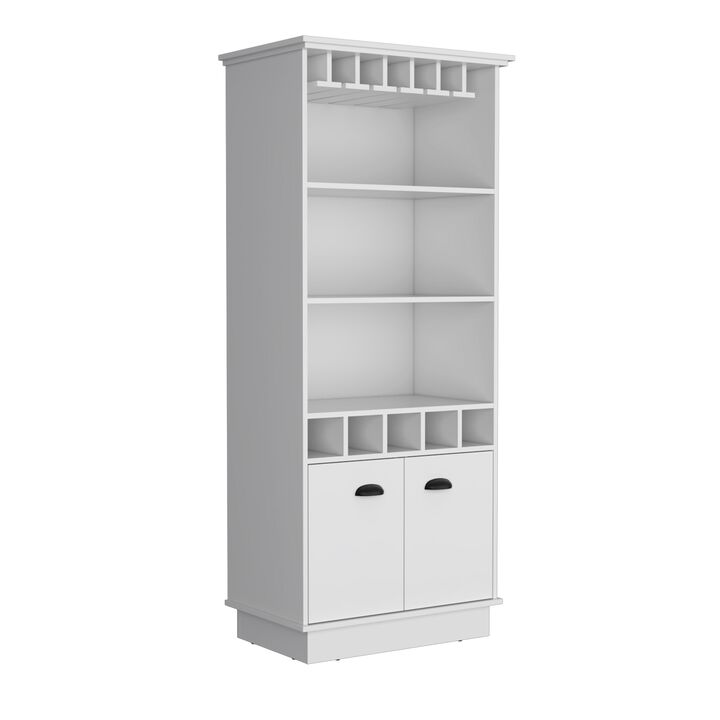 Dundee 70-Inch High 10-Glass Bar Cabinet with 5 Cubbies and 3 Open Shelves and Cabinet