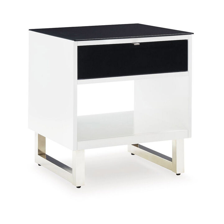 Tonny Side End Table, Drawer and Shelf, Black Glass, White, 22 Inch - Benzara