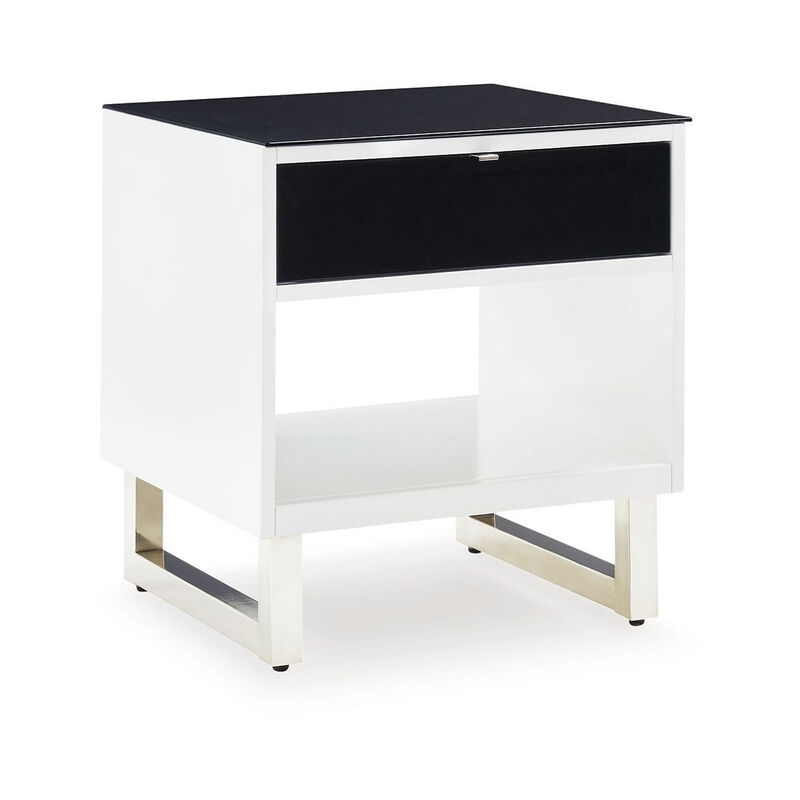 Tonny Side End Table, Drawer and Shelf, Black Glass, White, 22 Inch - Benzara