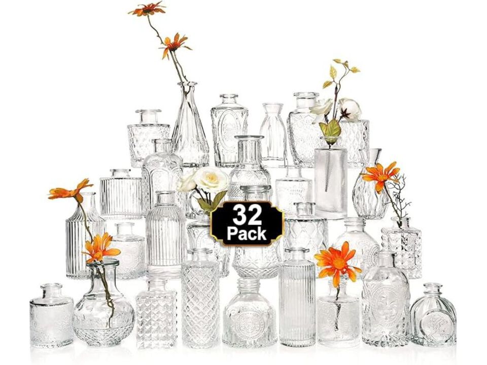 32PCS Glass Bud Vase Set – Clear Vintage Vases for Flowers, Wedding & Home Décor