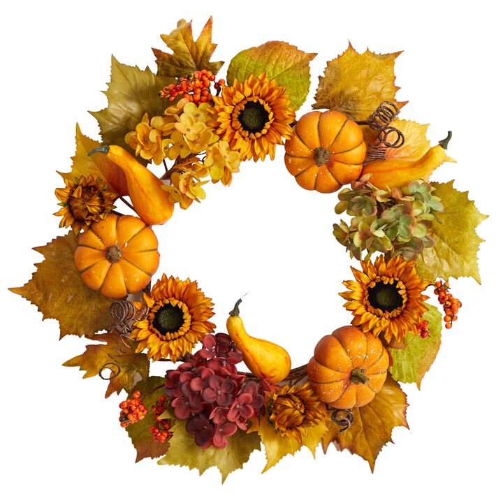 Hivvago 22" Autumn Hydrangea, Pumpkin and Sunflower Artificial Fall Wreath