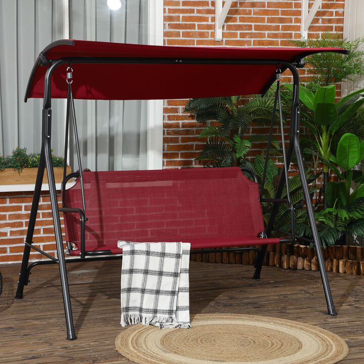 Wine Red Patio Seating: 3-Person Swing Bench with Adjustable Canopy