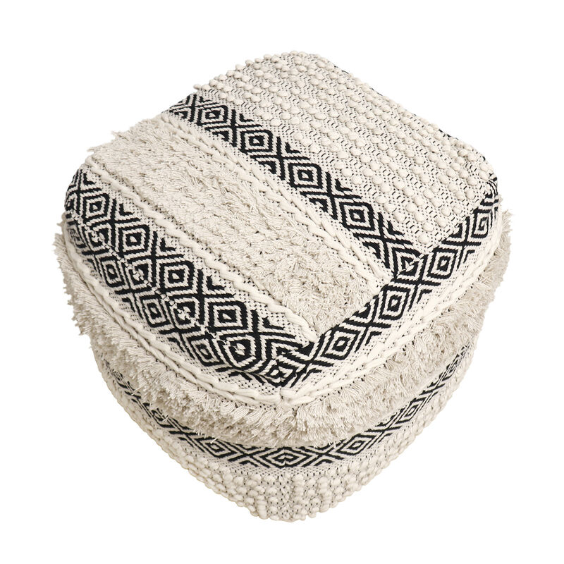 Pasargad Home Grandcanyon Hand Woven 100% Cotton Pouf, Ivory/Black