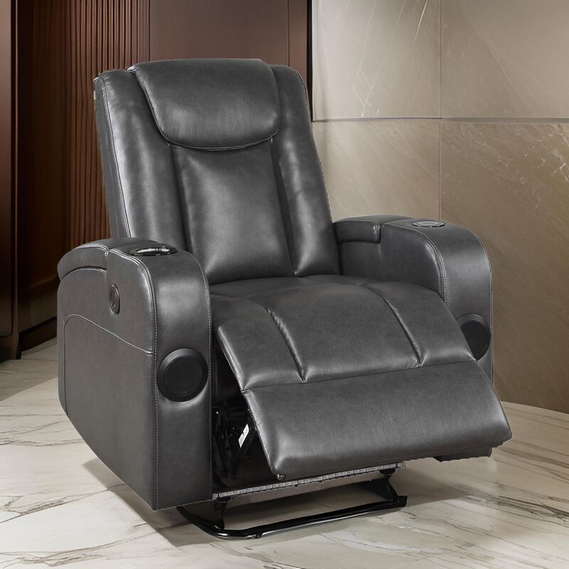 Emily 38 Inch Power Recliner Chair, Cooling Cupholder, LED, Gray PU Leather - Benzara