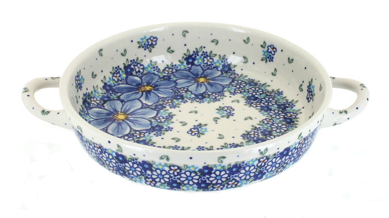 Blue Rose Polish Pottery Garden Tulip Small Round Baker with Handles