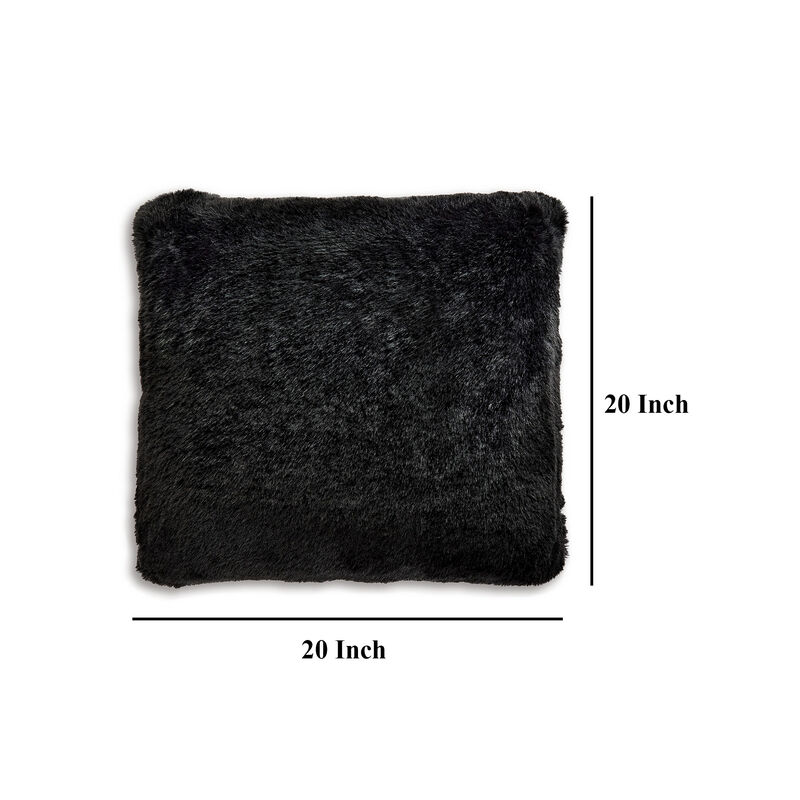 Dift Square Accent Throw Pillow, 20 Inch, Black Faux Rabbit Fur Face - Benzara