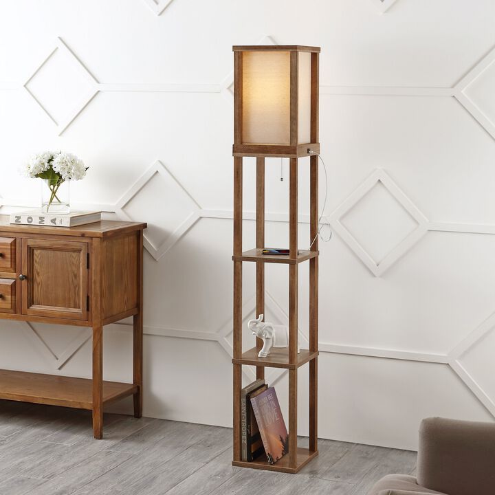 Etagere Rustic Bohemian Wooden LED 3-Shelf Floor Lamp with Pull-Chain